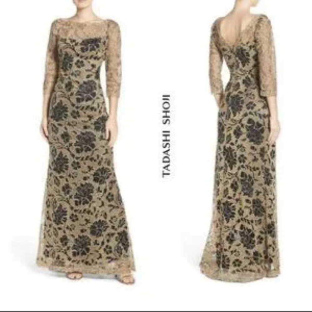 Tadashi Shoji Gold and Black Floral Lace Maxi Gown